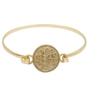 Tree of Life Gold Tone Mother of Pearl Shell Inlay Hook Bangle Bracelet